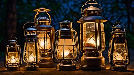 Illuminated Antique Oil Lanterns Glowing In The Night