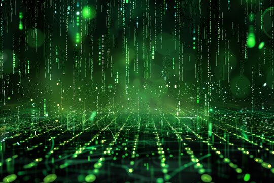 A cascade of green digital rain falls from above, illuminating a dark background with glowing patterns. This creates a futuristic, tech-themed ambiance filled with energetic movement.