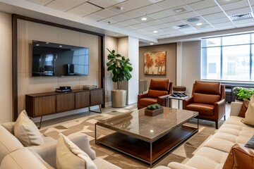 Fototapeta premium A stylish lobby features plush seating arrangements, a large TV mounted on the wall, and vibrant decor, creating a welcoming environment for visitors.
