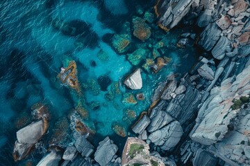 The composition features a stunning aerial perspective of a rocky shoreline, highlighting the crystal-clear waters and diverse underwater rock formations during daylight.