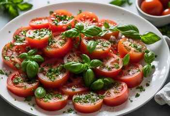 Fresh tomatoes with basil and sea salt on a white plate, garnished with parsley and drizzled with olive oil, ai.