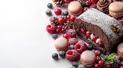 top-down view of festive dessert table with chocolate yule log macarons and berries illuminated by soft focused lighting