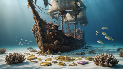 Sunken pirate ship lying on ocean floor with treasure and fish swimming around