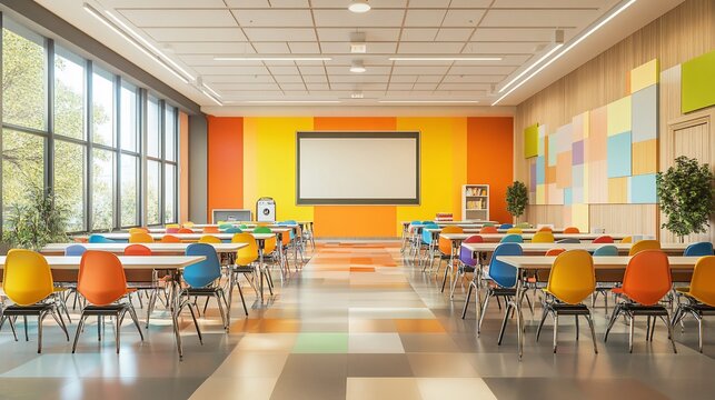 Empty colorful school classroom with tables, chairs and projection screen.