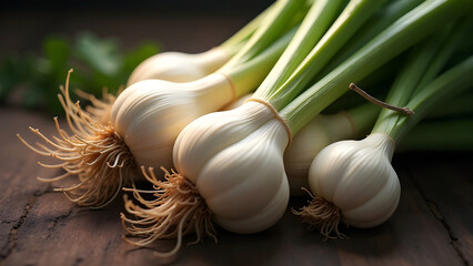 Close-up view of fresh garlic, on a wooden table.