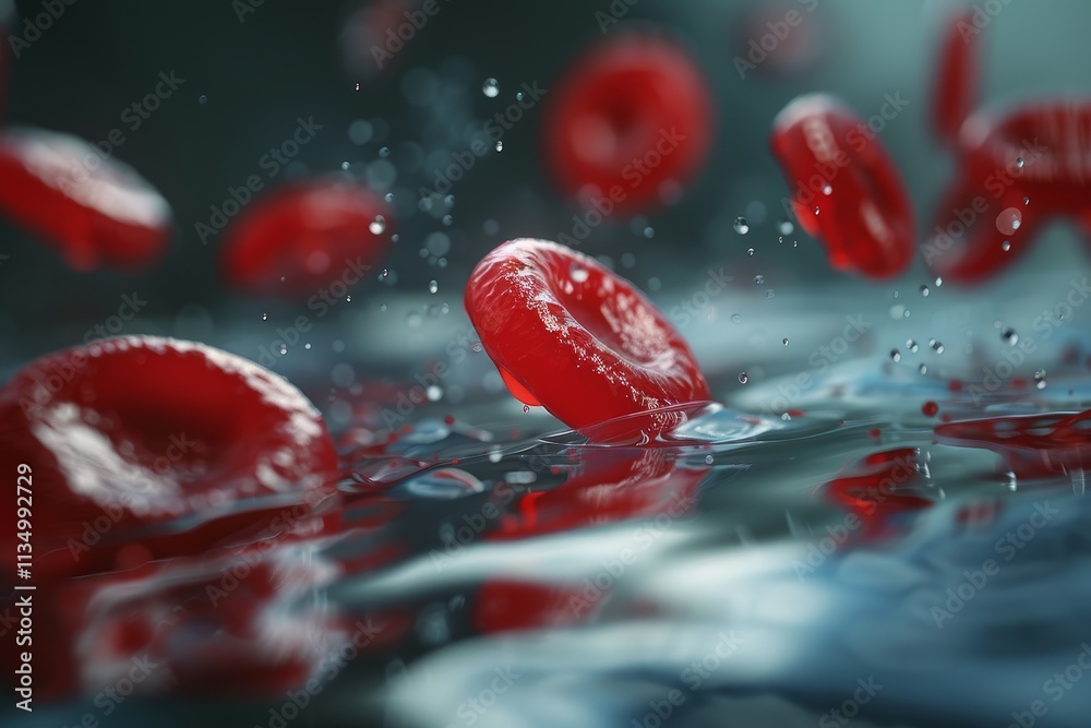 Poster red circular objects drift gracefully on a calm water surface, creating ripples and reflections as t