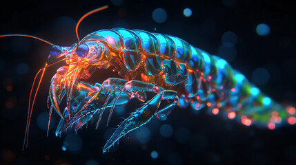 Obraz premium A futuristic mantis shrimp icon glowing with vision data, symbolizing online marine biology platforms, wildlife research tools, and ecological education resources. 