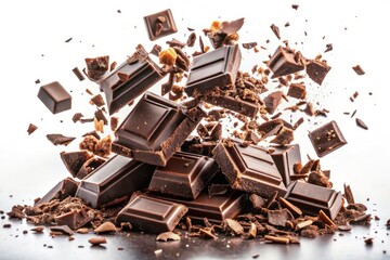 Fototapeta premium Dark Chocolate Pieces Falling, Close-Up, Low Light Photography, Isolated on White Background