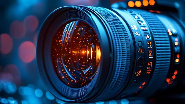 A sleek camera lens reflecting light glimmers in an elegant close-up shot. A stylish and professional representation of photography equipment