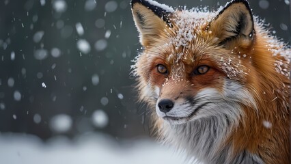 Obraz premium Red Fox in Winter: A red fox with piercing amber eyes stares intensely into the camera, its fur dusted with snowflakes in a dramatic winter scene.
