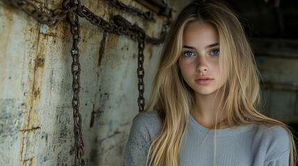 Fototapeta premium Captivating Portrait of a Young Blonde Woman with Blue Eyes, Set Against a Rustic Background