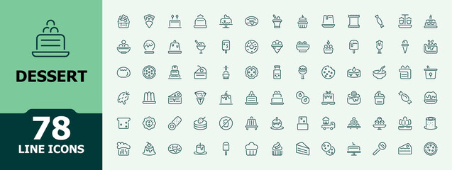 Dessert icons in linear style. Contains related to brownie, sugar, biscuit, confectionery, cooking, cheesecake, birthday and more. Minimalist icon collections. Editable stroke. Vector illustration.