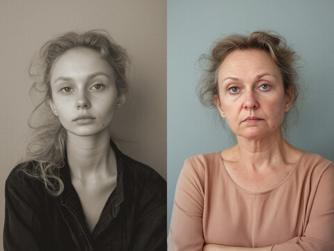 concept of aging - then and now portraits of blonde woman side by side, black and white vintage photo and now