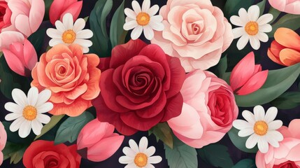 Fototapeta premium A vibrant arrangement of roses, daisies, and tulips set against a dark background, showcasing the beauty of floral design.