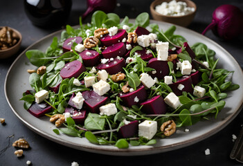 Beetroot salad with arugula, walnuts, and vegan feta cheese, finished with a drizzle of balsamic vinaigrette, ai.