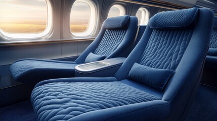Fototapeta premium Luxurious airplane seats with sunset view.