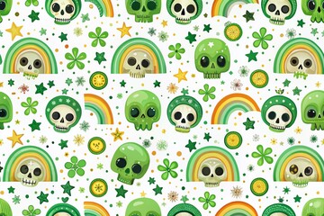 Halloween Digital Scrapbooking Paper with Green Rainbows and Skulls on a White Background for Spooky Themed Crafts and Designs