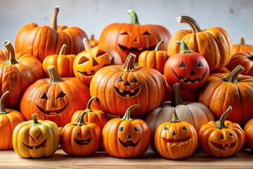 Halloween Pumpkin Collection with Funny Faces for Spooky Trick or Treat Season, Ideal for Holiday Decorations and Festive Celebrations, Isolated on White Background