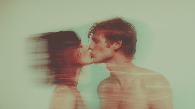 A passionate kiss, a moment of intimacy and love between a couple. The image is full of emotion and tenderness.