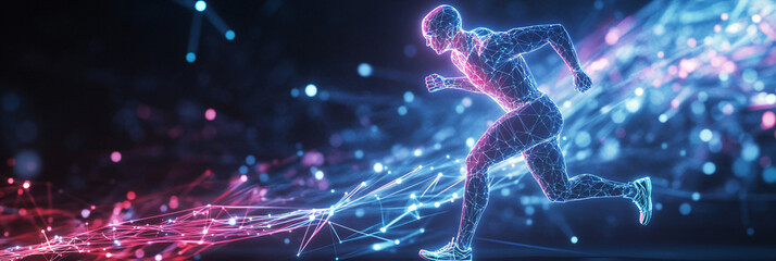 A futuristic marathon runner icon connected to an AI coach, symbolizing online platforms for personalized training regimens.  
