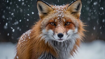 Obraz premium Fox in Winter Wonderland: A close-up of a red fox with sharp piercing eyes amidst falling snow. This captivating image evokes a sense of mystery, resilience, and the beauty of winter's magic.