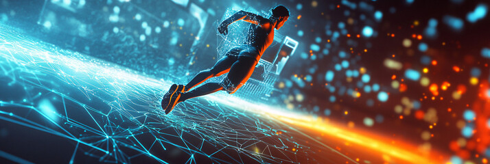 A futuristic marathon runner icon connected to an AI coach, symbolizing online platforms for personalized training regimens.  