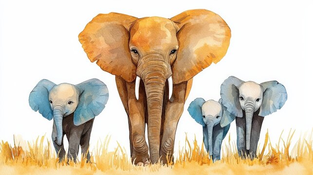 Fototapeta A family of elephants, featuring a large adult and three smaller ones, depicted in a colorful watercolor style against a grassy background.