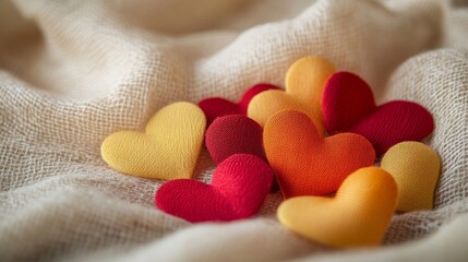 Obraz premium Colorful Fabric Hearts Resting on Soft Beige Textile