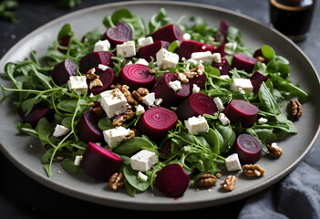 Beetroot salad with arugula, walnuts, and vegan feta cheese, finished with a drizzle of balsamic vinaigrette, ai.