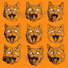 Fototapeta premium Nine Excited Cats on an Orange Background