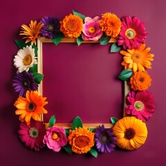 Obraz premium A vibrant wooden frame with bold red and orange flowers on a deep maroon background. Features clear copy space, perfect for elegant designs, invitations, or artistic floral themes.