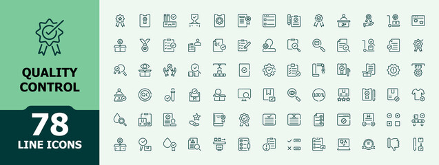 Quality Control icons set in line style. Includes thin line correct, satisfaction, test, control and more. Minimalist thin linear icon. Editable vector icon and illustration.