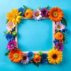 Fototapeta premium A cheerful wooden frame decorated with orange, blue, and yellow flowers on a bright turquoise background. Clean copy space makes it ideal for invitations, announcements, or floral themes.