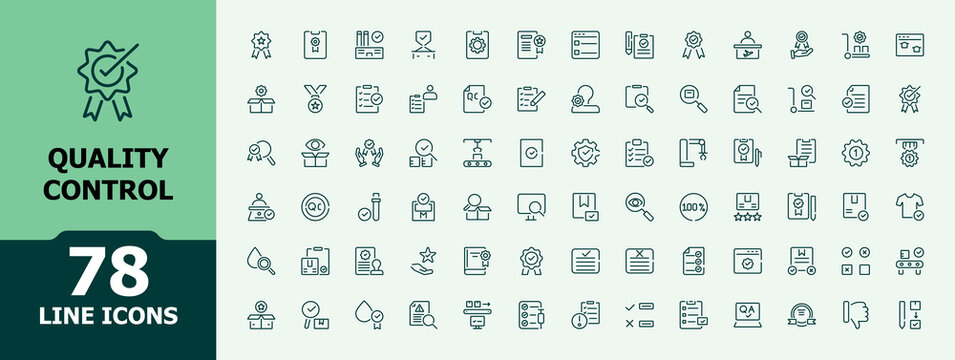 Quality Control icons set in line style. Includes thin line correct, satisfaction, test, control and more. Minimalist thin linear icon. Editable vector icon and illustration.