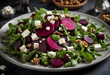 Beetroot salad with arugula, walnuts, and vegan feta cheese, finished with a drizzle of balsamic vinaigrette, ai.
