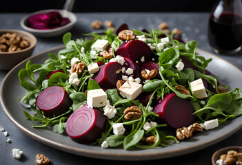 Vibrant beet salad featuring arugula, walnuts, and vegan feta cheese, drizzled with balsamic vinaigrette, ai.