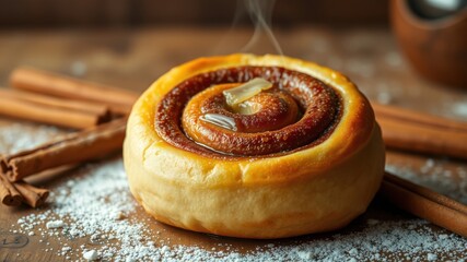 A Freshly Baked Cinnamon Roll With Melted Butter and Powdered Sugar, Warm and Ready to Enjoy