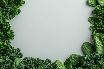 top-down view of assorted fresh greens including kale and spinach leaves balanced natural lighting