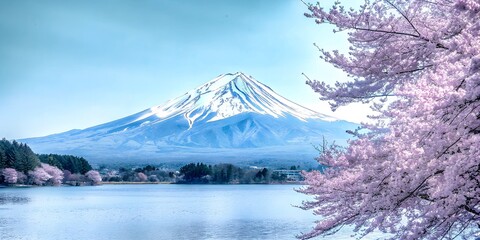 Mount Fuji framed by pink cherry blossoms and a calm lake under a vivid blue sky. A picturesque and...