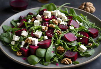 Vibrant beet salad featuring arugula, walnuts, and vegan feta cheese, drizzled with balsamic vinaigrette, ai.