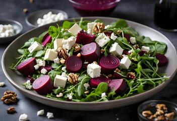 Vibrant beet salad featuring arugula, walnuts, and vegan feta cheese, drizzled with balsamic vinaigrette, ai.