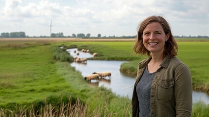 Fototapeta premium Smiling Woman in a Scenic Rural Landscape