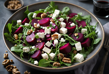 Vibrant beet salad featuring arugula, walnuts, and vegan feta cheese, drizzled with balsamic vinaigrette, ai.