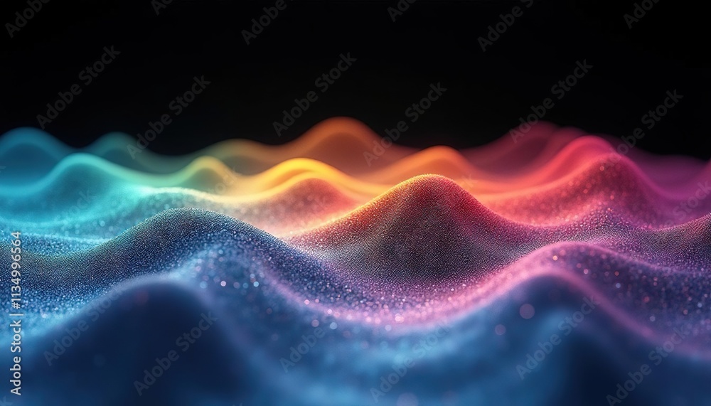 Poster Abstract colorful wave pattern with textured peaks in a dark background, resembling a rainbow landscape