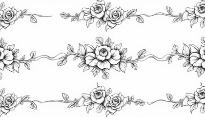 Elegant black and white vintage floral borders featuring detailed rose designs and graceful lines