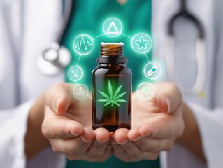 A healthcare professional holds a bottle with a cannabis leaf, surrounded by glowing health-related icons, symbolizing medical advancements in cannabis.