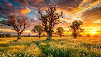 Fototapeta premium Silhouettes of trees stand tall against the backdrop of a vibrant sunset, casting long shadows across a field of wildflowers as the sun dips below the horizon.