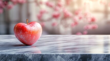 Heart Shaped Apple On Marble Table With Blurry Pink Background
