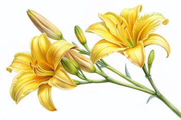 Fototapeta premium Hand-Drawn Watercolor Illustration of Lemon Lily (Hemerocallis lilioasphodelus) in Rule of Thirds on White Background, Capturing the Beauty of Yellow Daylily and Custard Lily Flowers