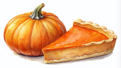 Hand Drawn Watercolor Illustration of Slice of American Pumpkin Pie with Fresh Ripe Orange Pumpkin Isolated on White Background